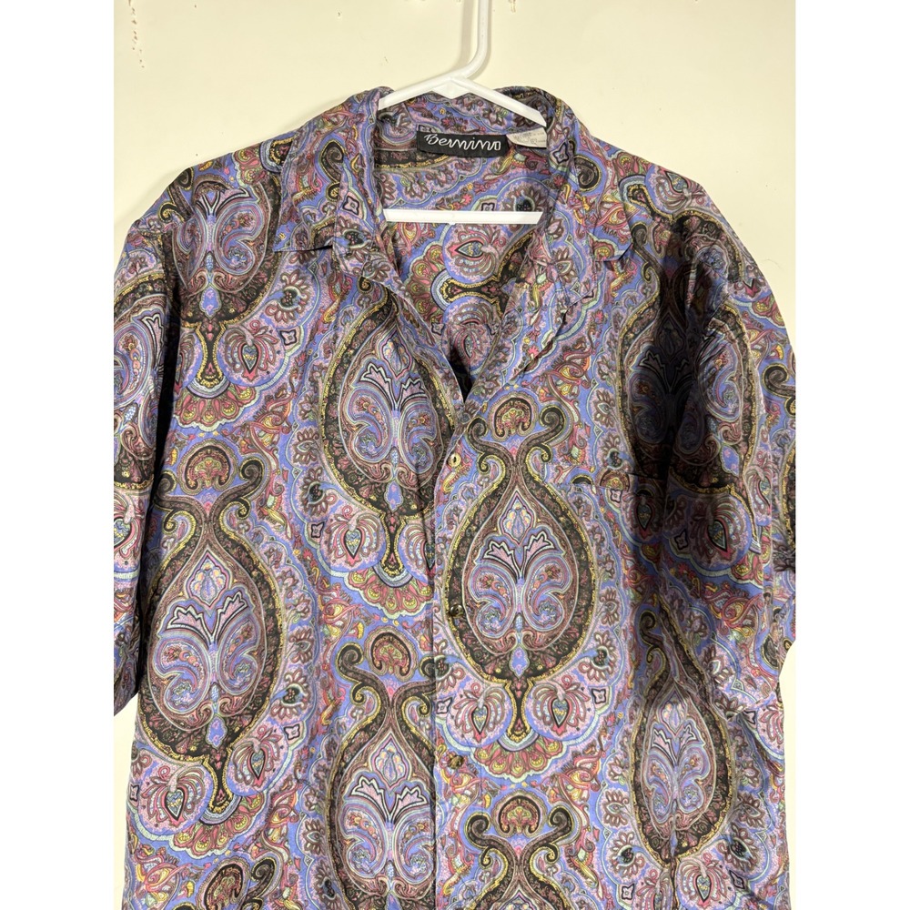 Bernini Mens 100% Silk Paisley Short Sleeve Button Down Shirt Purple Blue Medium